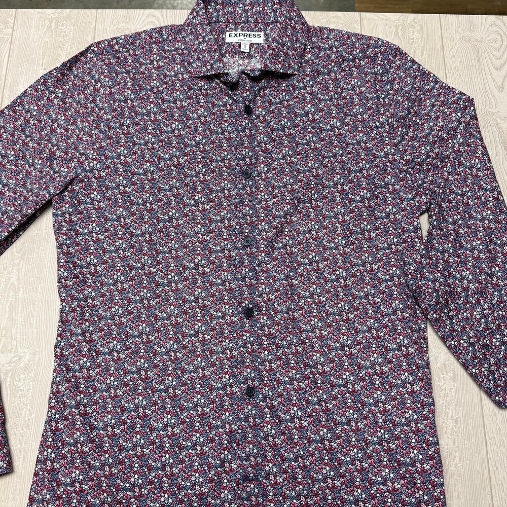 Express Men’s Medium Extra Slim Fit Floral Button Down Shirt Navy Red White